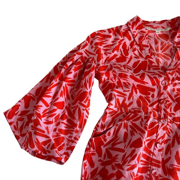 Veronica Beard Samy Red & Pink Poppy Floral Print Button Up Mini Shirt Dress 4 - Picture 8 of 12